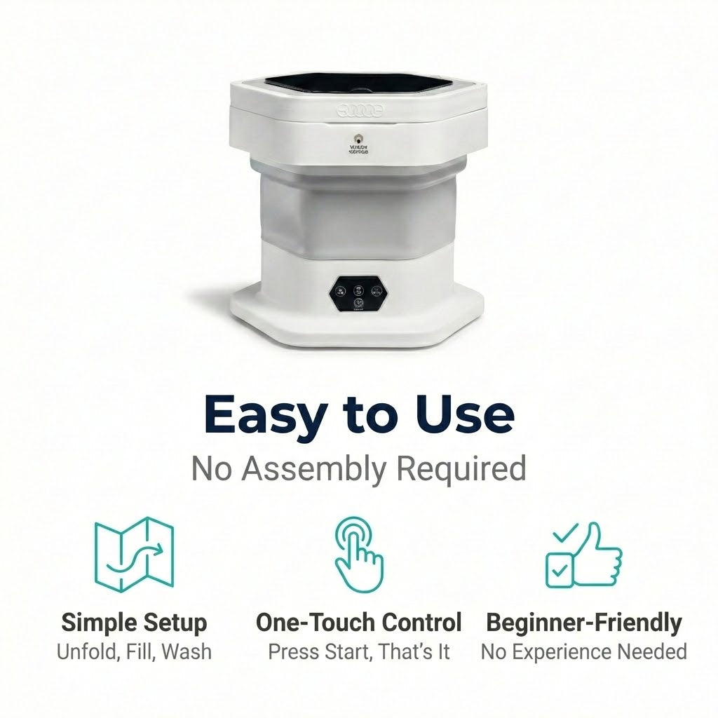 White portable washing machine with text highlighting ease of use on a white background
