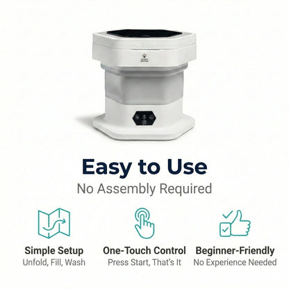 White portable washing machine with text highlighting ease of use on a white background