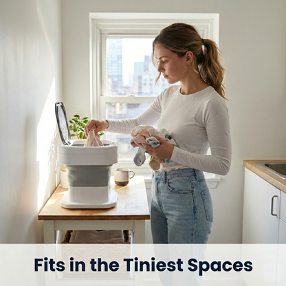 Woman using a compact washing machine in a kitchen with text 'Fits in the Tiniest Spaces'.