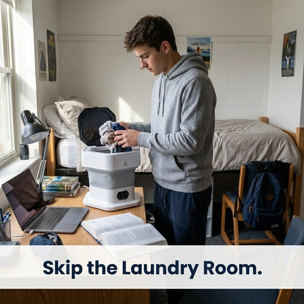 Person using a portable washing machine in a dorm room with text 'Skip the Laundry Room'.